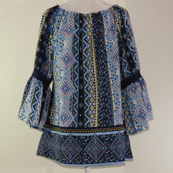 Mileage Blue Multicolor Print 3/4-Sleeve Wide Elastic Neck Blouse Size L (C1185) - Picture 5 of 7